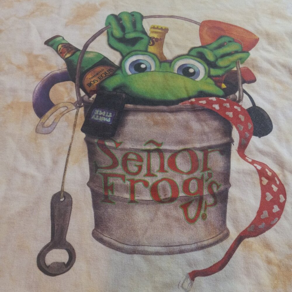 Senor Frogs Womens XL T-Shirt Tie Dyed Graphic Yellow Puerto Vallarta